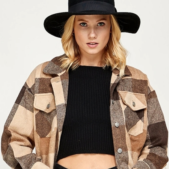 NEW Cozy Oversized Flannel Plaid Shacket Top Jacket Coffee Brown Tan - Picture 5 of 9